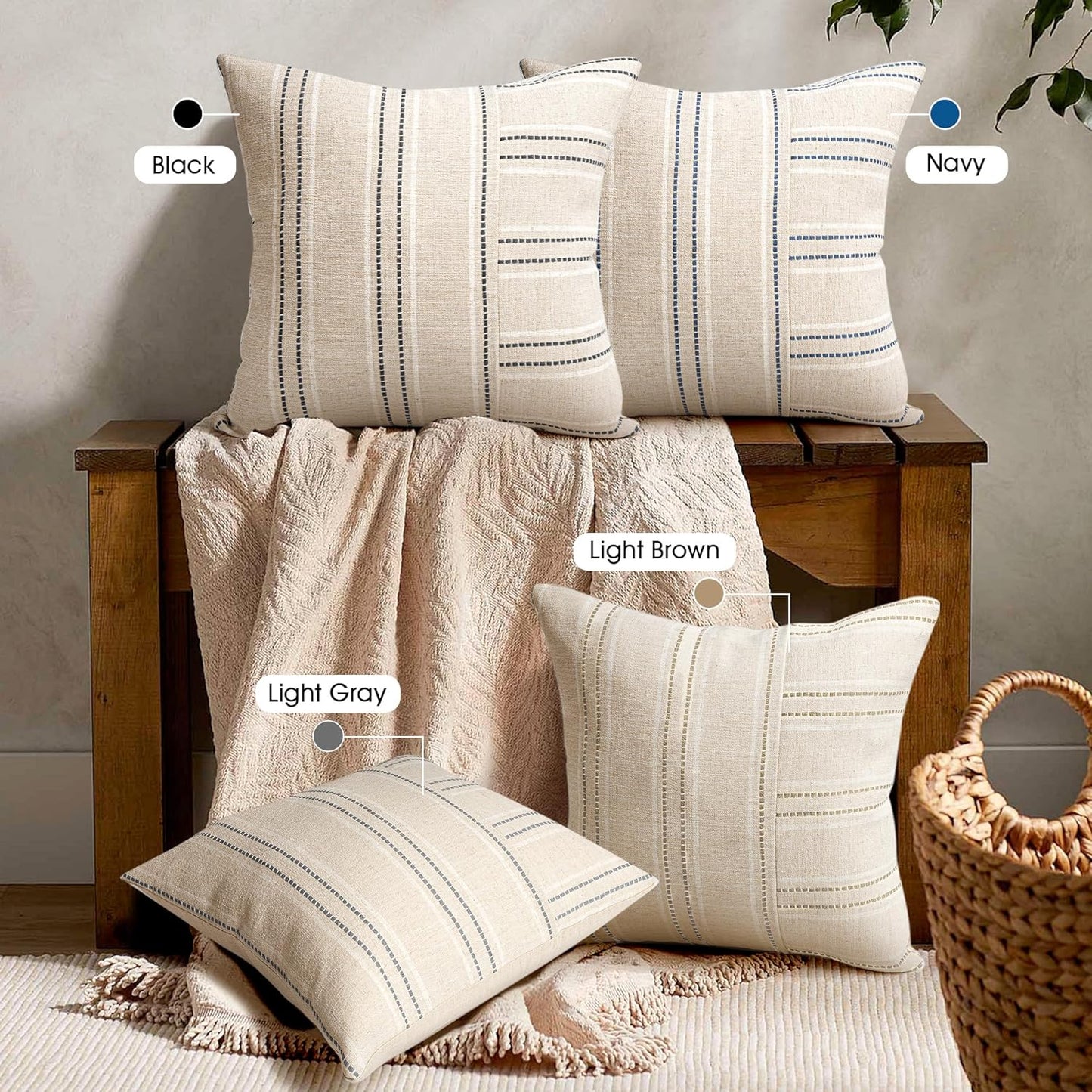 AELS 12x20 Decorative Farmhouse Linen Throw Pillow Covers, Boho Rectangle Lumbar Pillow Case, Set of 2, Beige with Navy Blue Stripe Patchwork Cushion Cover for Sofa Couch Living Room (Cover ONLY)