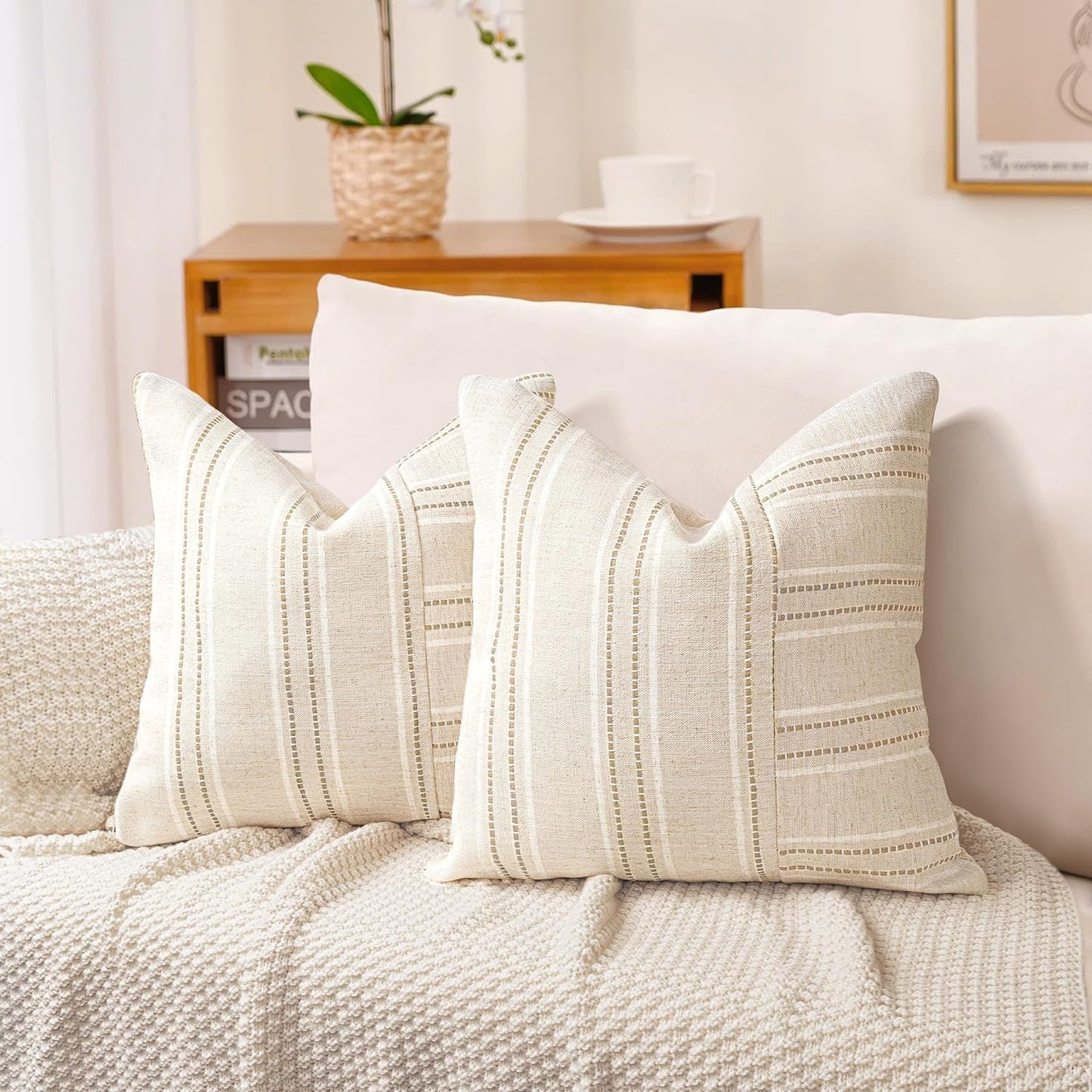 AELS 12x20 Decorative Farmhouse Linen Throw Pillow Covers, Boho Rectangle Lumbar Pillow Case, Set of 2, Beige with Navy Blue Stripe Patchwork Cushion Cover for Sofa Couch Living Room (Cover ONLY)