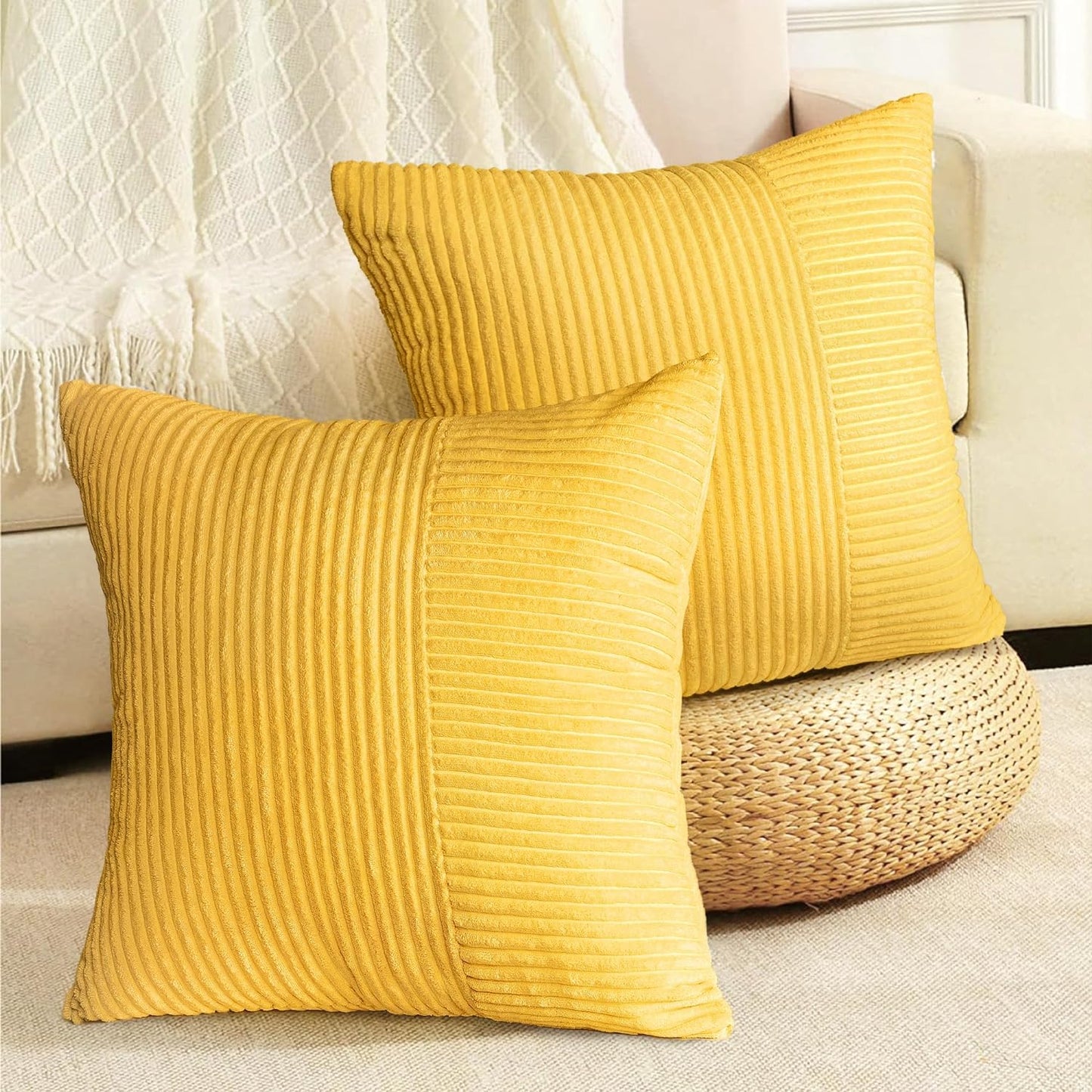 AELS 18x18 Soft Corduroy Striped Throw Pillow Covers, Decorative Square Pillow Case, Set of 2, Modern Farmhouse Cushion Cover for Sofa Couch Living Room, White (Cover ONLY)