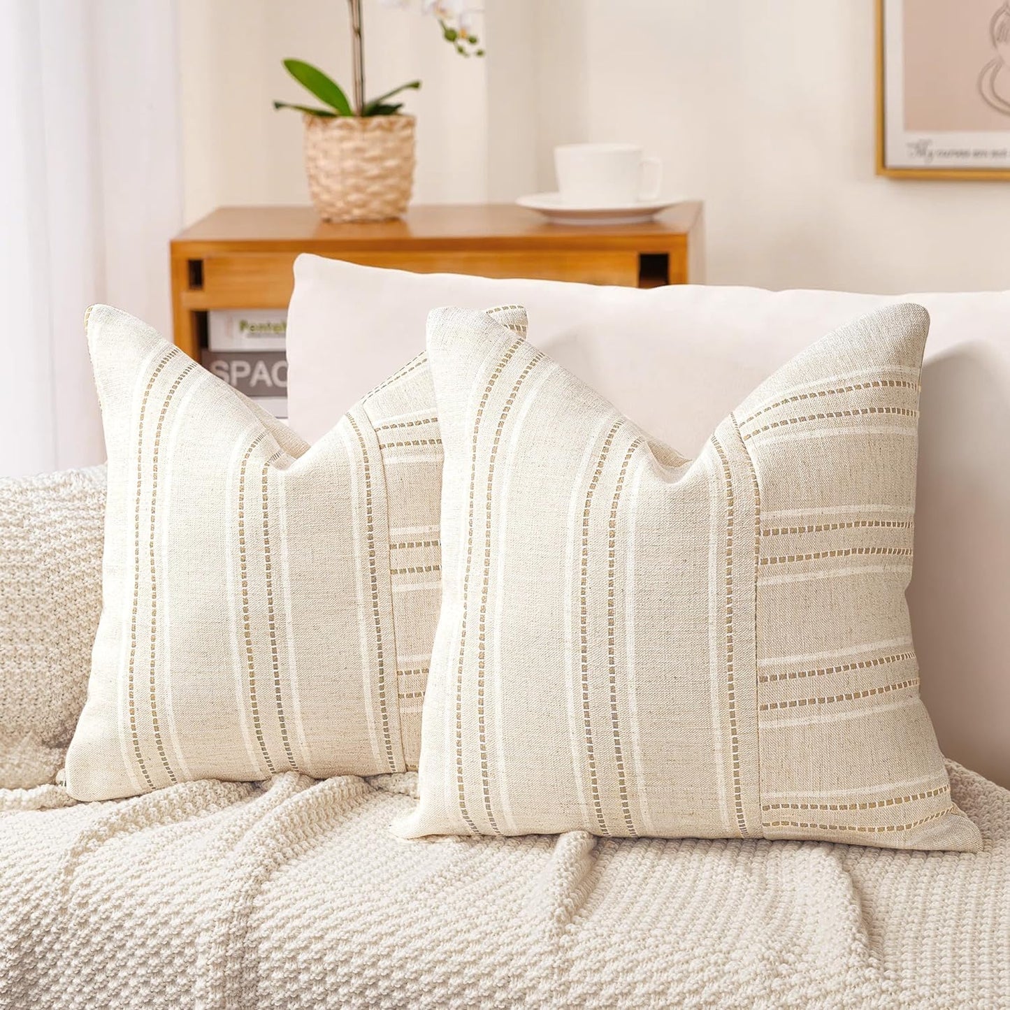 AELS 12x20 Decorative Farmhouse Linen Throw Pillow Covers, Boho Rectangle Lumbar Pillow Case, Set of 2, Beige with Navy Blue Stripe Patchwork Cushion Cover for Sofa Couch Living Room (Cover ONLY)