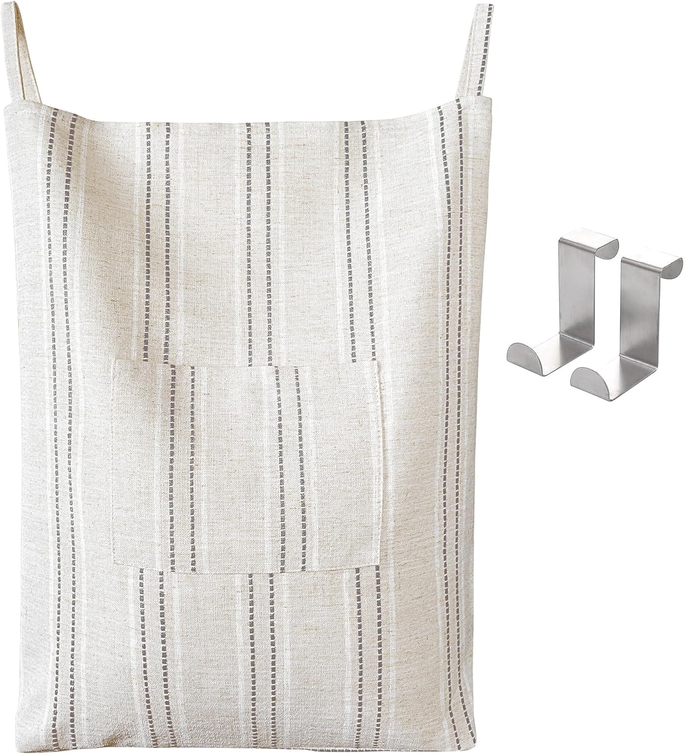 AELS Farmhouse Hanging Laundry Hamper with 2 Hooks, Boho Beige & Black Stripes Linen Laundry Bag with Zipper & Wide Open Top, Over the Door Organizer for Dirty Clothes, Washable Space Saving Storage