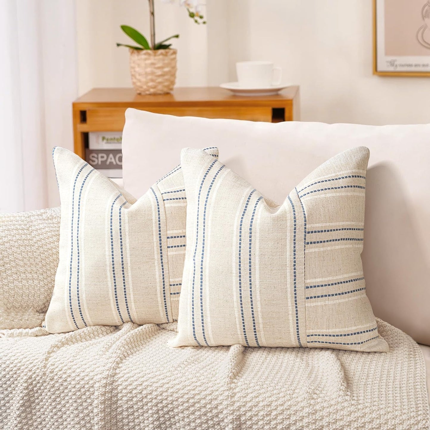 AELS 12x20 Decorative Farmhouse Linen Throw Pillow Covers, Boho Rectangle Lumbar Pillow Case, Set of 2, Beige with Navy Blue Stripe Patchwork Cushion Cover for Sofa Couch Living Room (Cover ONLY)