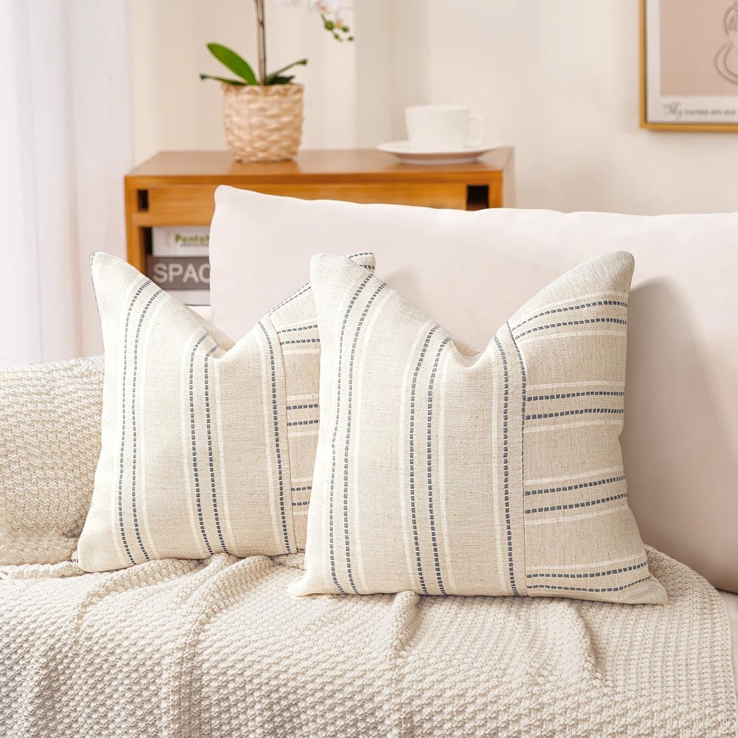 AELS 12x20 Decorative Farmhouse Linen Throw Pillow Covers, Boho Rectangle Lumbar Pillow Case, Set of 2, Beige with Navy Blue Stripe Patchwork Cushion Cover for Sofa Couch Living Room (Cover ONLY)
