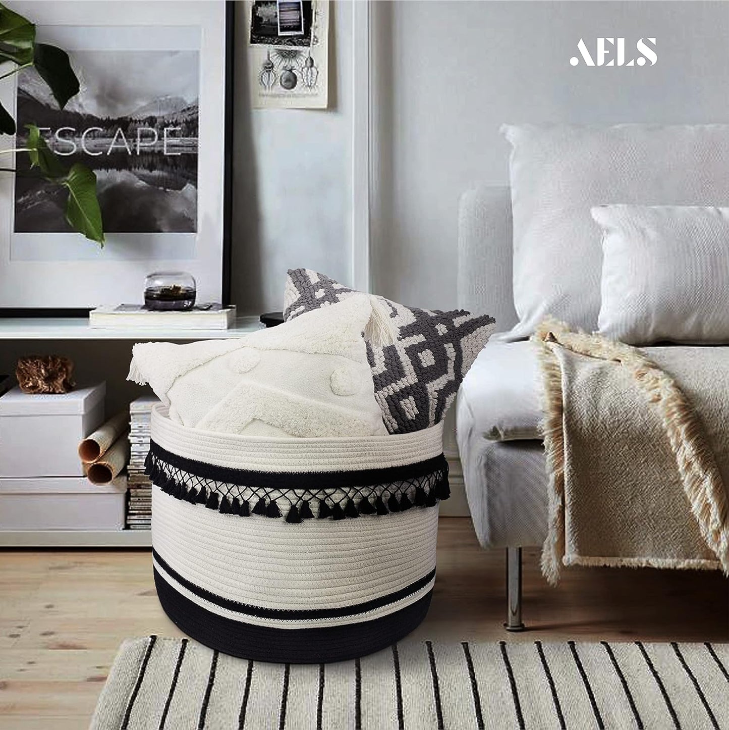 AELS XXXLarge 22"x22"x15" Rope Boho Basket Woven Baby Laundry Basket for Blankets Toys Storage Basket with Handle Comforter Cushions Storage Bins Thread Laundry Hamper-Brown White Gray 93 Liters