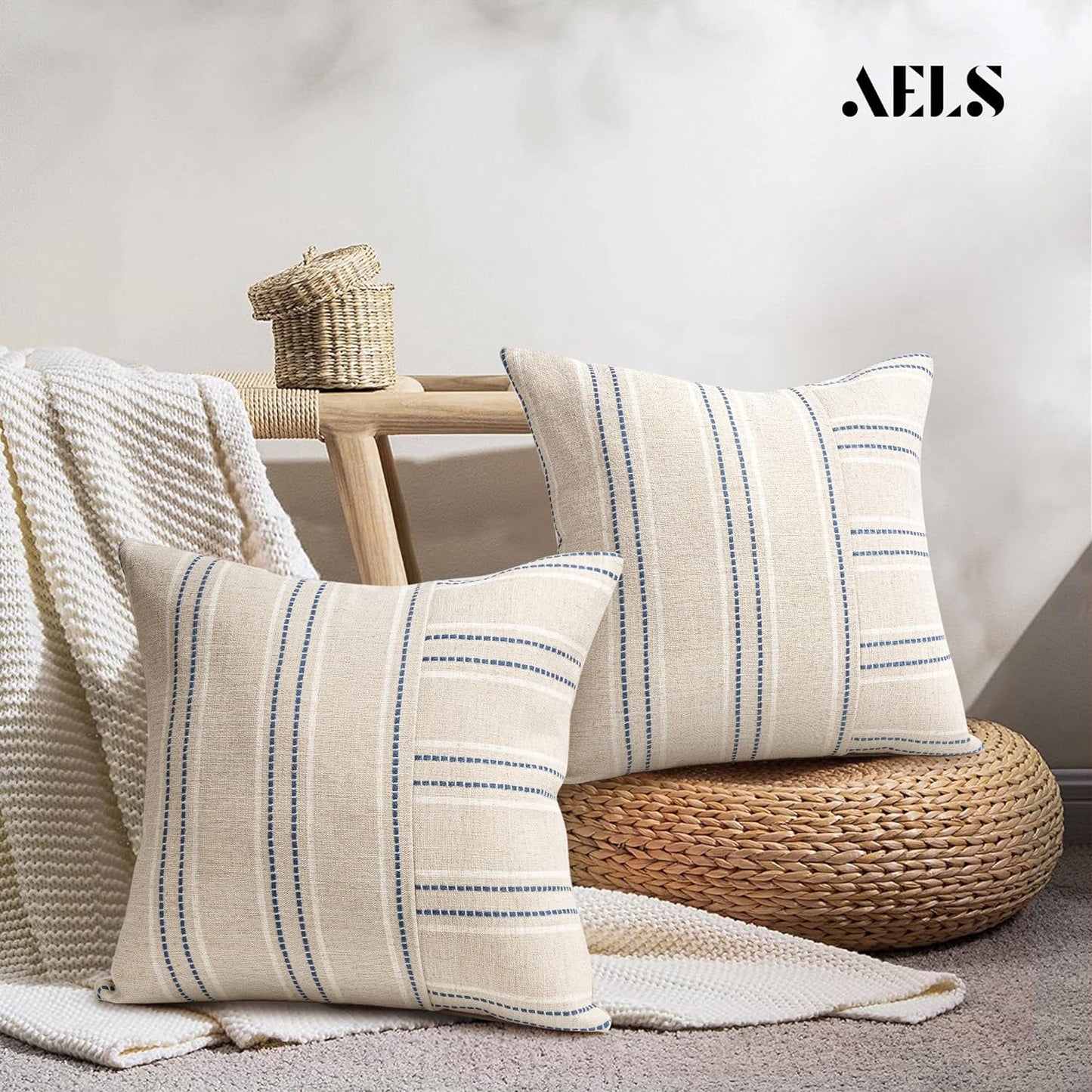 AELS 12x20 Decorative Farmhouse Linen Throw Pillow Covers, Boho Rectangle Lumbar Pillow Case, Set of 2, Beige with Navy Blue Stripe Patchwork Cushion Cover for Sofa Couch Living Room (Cover ONLY)