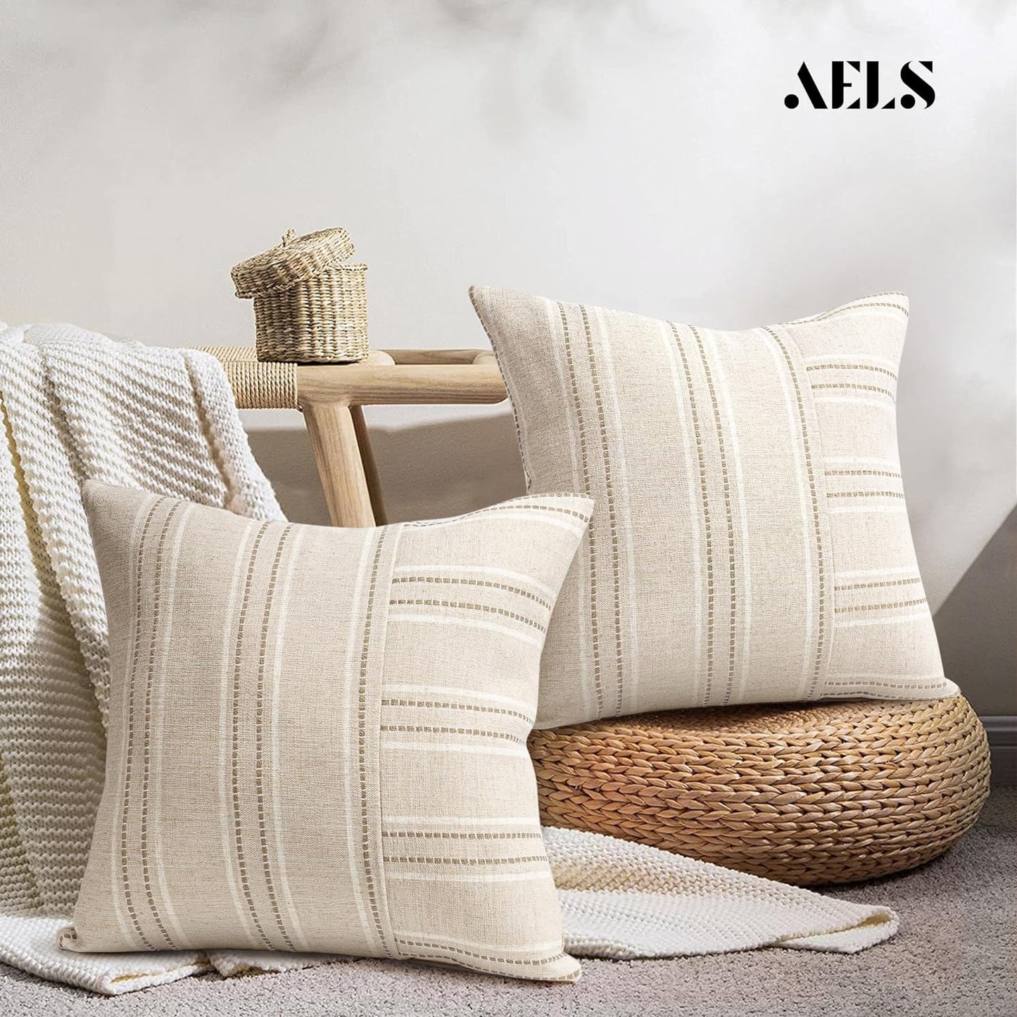 AELS 12x20 Decorative Farmhouse Linen Throw Pillow Covers, Boho Rectangle Lumbar Pillow Case, Set of 2, Beige with Navy Blue Stripe Patchwork Cushion Cover for Sofa Couch Living Room (Cover ONLY)