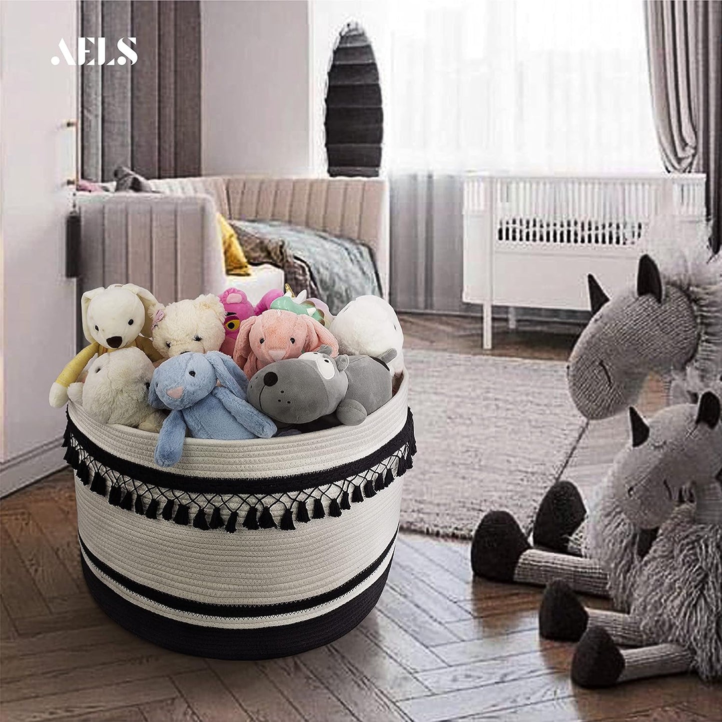 AELS XXXLarge 22"x22"x15" Rope Boho Basket Woven Baby Laundry Basket for Blankets Toys Storage Basket with Handle Comforter Cushions Storage Bins Thread Laundry Hamper-Brown White Gray 93 Liters