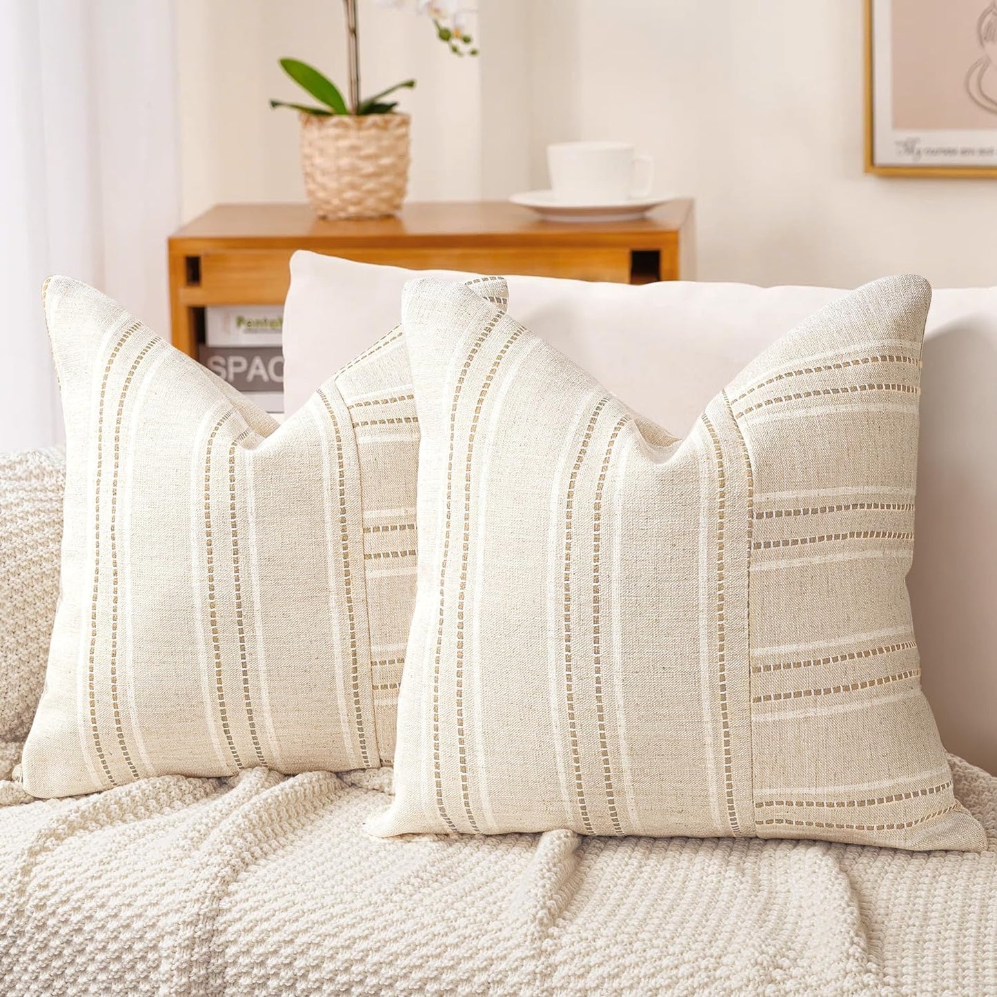 AELS 12x20 Decorative Farmhouse Linen Throw Pillow Covers, Boho Rectangle Lumbar Pillow Case, Set of 2, Beige with Navy Blue Stripe Patchwork Cushion Cover for Sofa Couch Living Room (Cover ONLY)