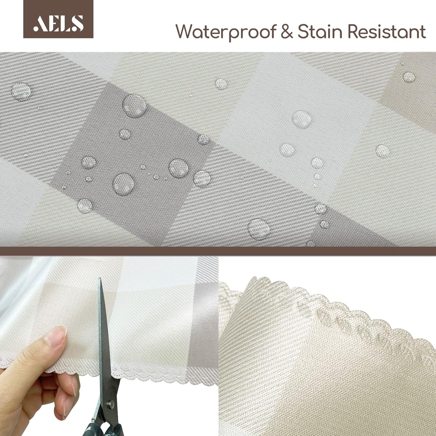 AELS 60"Round Tablecloth, Vinyl Coated Fabric Waterproof Oil-Proof Stain Resistant Washable Printed Indoor Table Cover, Decorative Table Cloths for Dining Tables, Kitchen and Parties, Light Brown Grid