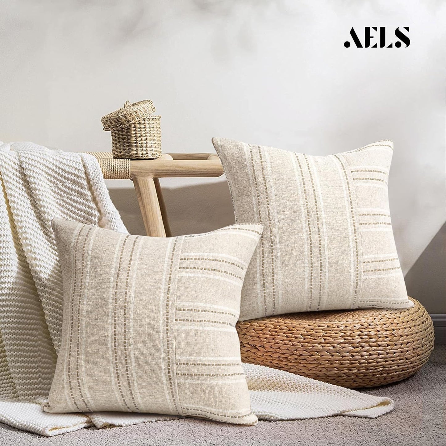 AELS 12x20 Decorative Farmhouse Linen Throw Pillow Covers, Boho Rectangle Lumbar Pillow Case, Set of 2, Beige with Navy Blue Stripe Patchwork Cushion Cover for Sofa Couch Living Room (Cover ONLY)
