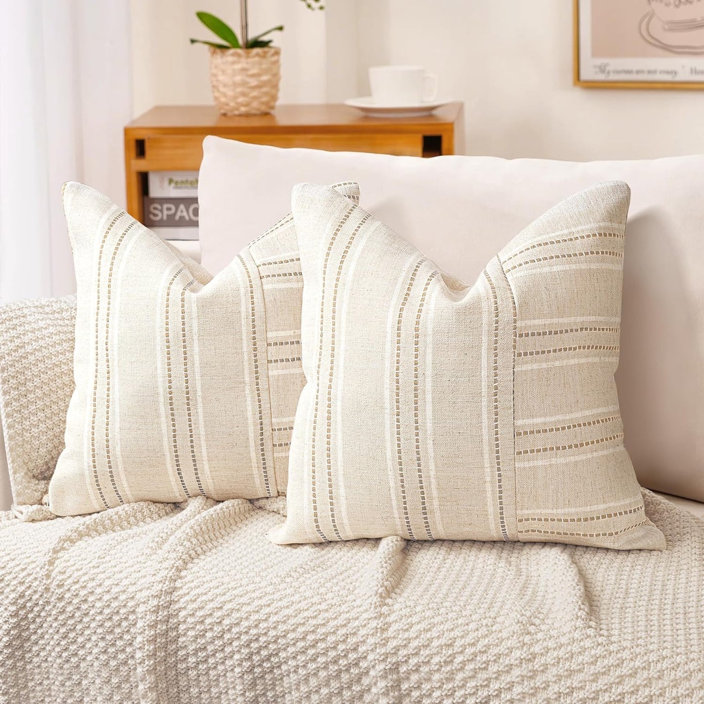 AELS 12x20 Decorative Farmhouse Linen Throw Pillow Covers, Boho Rectangle Lumbar Pillow Case, Set of 2, Beige with Navy Blue Stripe Patchwork Cushion Cover for Sofa Couch Living Room (Cover ONLY)