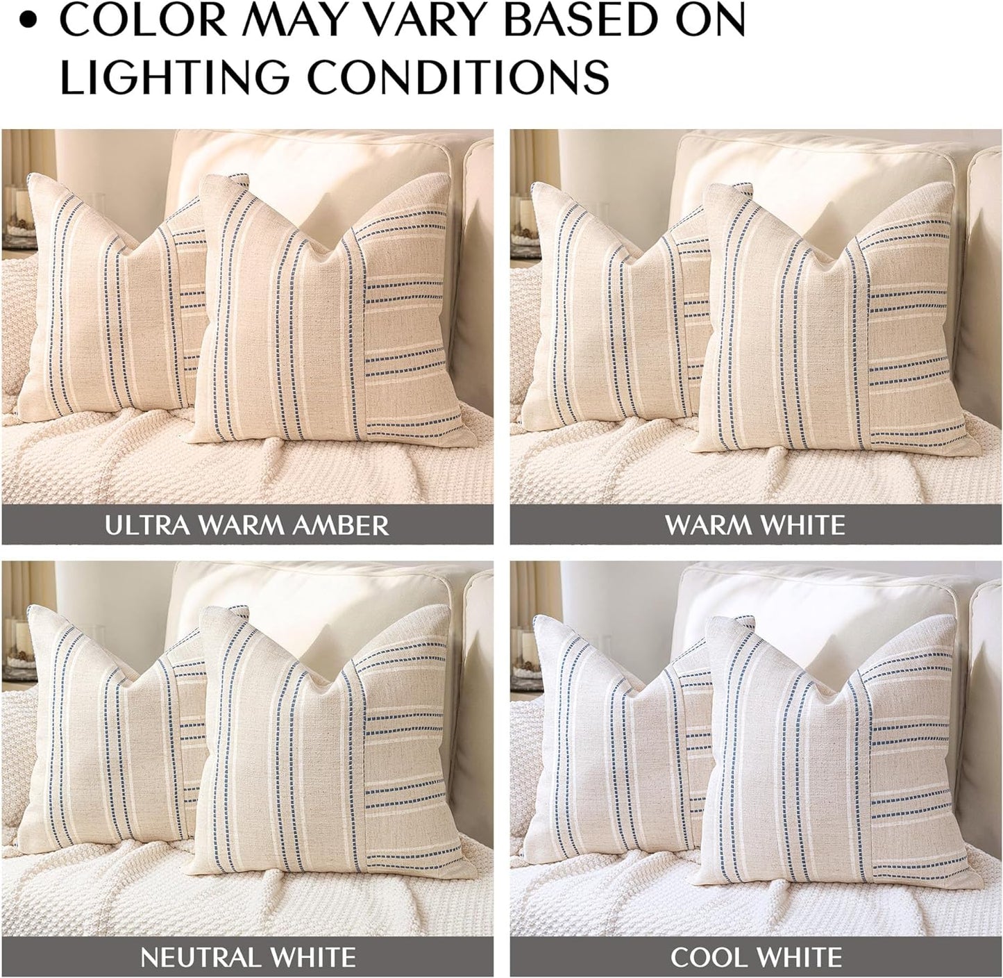 AELS 12x20 Decorative Farmhouse Linen Throw Pillow Covers, Boho Rectangle Lumbar Pillow Case, Set of 2, Beige with Navy Blue Stripe Patchwork Cushion Cover for Sofa Couch Living Room (Cover ONLY)