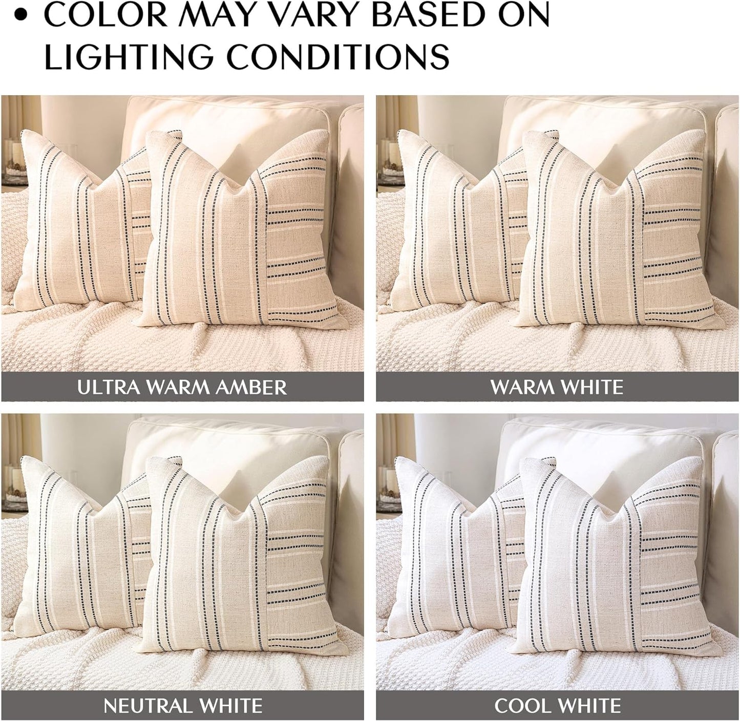 AELS 12x20 Decorative Farmhouse Linen Throw Pillow Covers, Boho Rectangle Lumbar Pillow Case, Set of 2, Beige with Navy Blue Stripe Patchwork Cushion Cover for Sofa Couch Living Room (Cover ONLY)