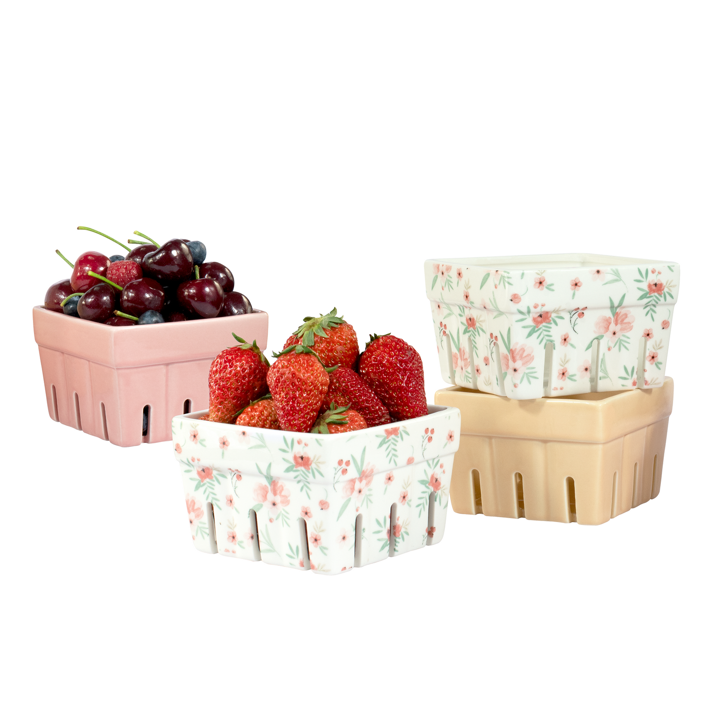 AELS Ceramic Berry Basket, Farmhouse Fruit Bowl Container for Fruit & Vegetables, Farmers Market, Pink Floral Pattern, Kitchen Decor, Stoneware Harvest Bowls, Set of 4