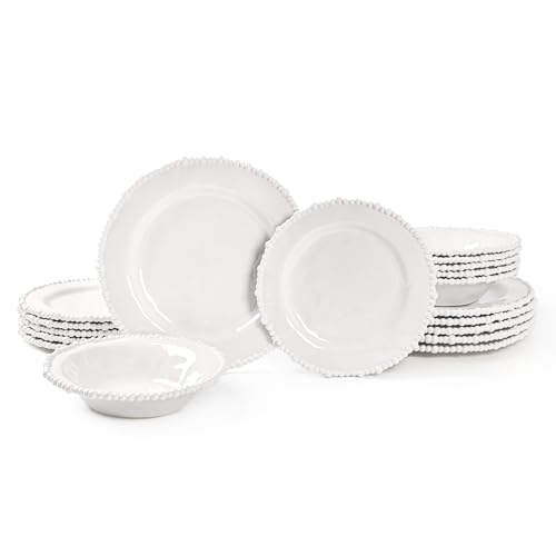 AELS Beaded Melamine Dinnerware Set of 12 Pcs Dinner Dishes Set for Indoor and Outdoor Use, Dishwasher Safe, Lightweight Unbreakable, BPA Free, Glossy Cream