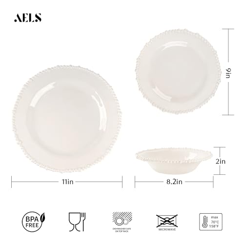 AELS Beaded Melamine Dinnerware Set of 12 Pcs Dinner Dishes Set for Indoor and Outdoor Use, Dishwasher Safe, Lightweight Unbreakable, BPA Free, Glossy Cream