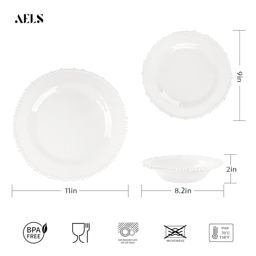 AELS Beaded Melamine Dinnerware Set of 12 Pcs Dinner Dishes Set for Indoor and Outdoor Use, Dishwasher Safe, Lightweight Unbreakable, BPA Free, Glossy Cream