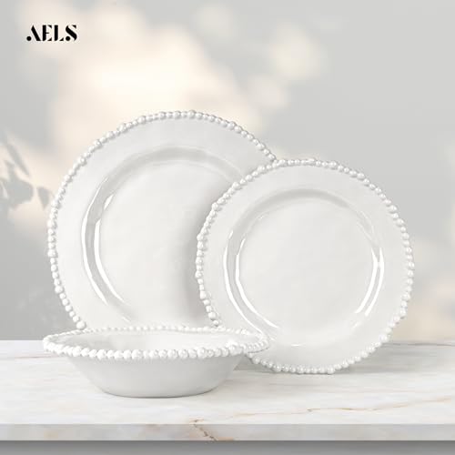 AELS Beaded Melamine Dinnerware Set of 12 Pcs Dinner Dishes Set for Indoor and Outdoor Use, Dishwasher Safe, Lightweight Unbreakable, BPA Free, Glossy Cream