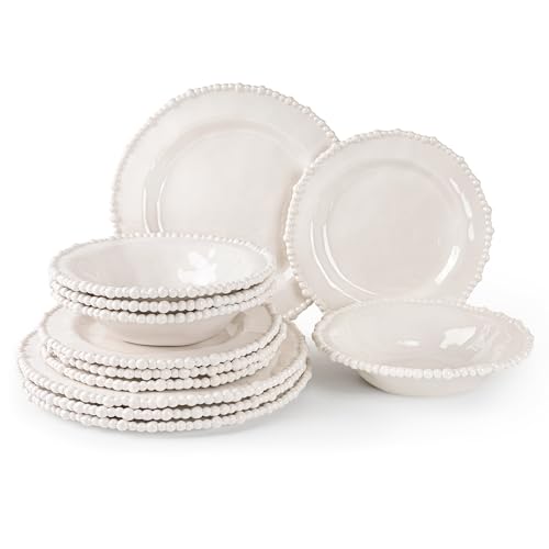 AELS Beaded Melamine Dinnerware Set of 12 Pcs Dinner Dishes Set for Indoor and Outdoor Use, Dishwasher Safe, Lightweight Unbreakable, BPA Free, Glossy Cream