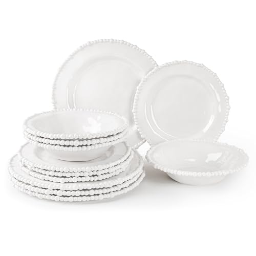 AELS Beaded Melamine Dinnerware Set of 12 Pcs Dinner Dishes Set for Indoor and Outdoor Use, Dishwasher Safe, Lightweight Unbreakable, BPA Free, Glossy Cream