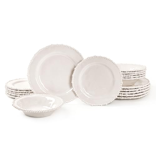 AELS Beaded Melamine Dinnerware Set of 12 Pcs Dinner Dishes Set for Indoor and Outdoor Use, Dishwasher Safe, Lightweight Unbreakable, BPA Free, Glossy Cream