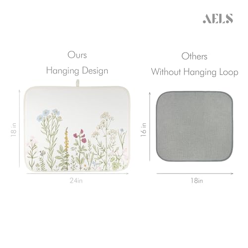 AELS XL 24" x 18" Scalloped Dish Drying Mat, Set of 2, for Kitchen Counter, Sage Green Absorbent Microfiber Dish Drainer/Rack Pads with Hanging Loop