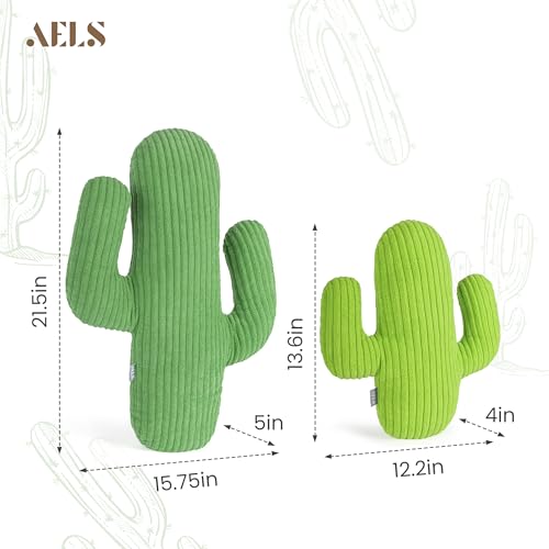 AELS Set of 2 Cactus Decorative Throw Pillows, 22"&14" Corduroy Striped Cactus Plush Pillow Set, Office Nap Pillow, Cute Succulent Throw Pillow for Nursery Bedroom Room Decor, Blue Green & Grass Green