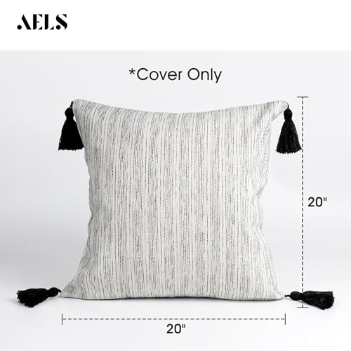 AELS 18x18 Decorative Farmhouse Linen Throw Pillow Covers with Tassels, Boho Textured Pillow Case, Set of 2, Beige with Ombre Blue Stitch Yarn Dyed Stripe Cushion Cover (Cover ONLY)