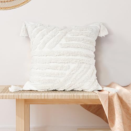 AELS Boho Decorative Textured Throw Pillow Covers with Tassels 18x18, Modern Abstract Mid Century Rainbow Tufted Pillow Case, Farmhouse Rustic Neutral Woven Cushion Case for Bed Couch Sofa, White