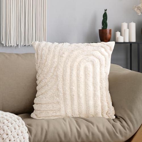 AELS Boho Decorative Textured Throw Pillow Covers with Tassels 18x18, Modern Abstract Mid Century Rainbow Tufted Pillow Case, Farmhouse Rustic Neutral Woven Cushion Case for Bed Couch Sofa, White