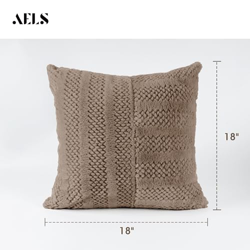 AELS 20x20 Decorative Boho Farmhouse Striped Throw Pillow Covers, Soft Faux Fur Pillow Case, Set of 2, Textured Patchwork Cushion Cover for Sofa Couch Living Room, Apricot & Brown (Cover ONLY)