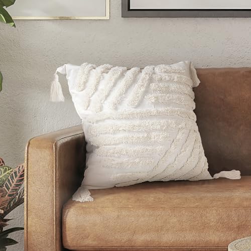 AELS Boho Decorative Textured Throw Pillow Covers with Tassels 18x18, Modern Abstract Mid Century Rainbow Tufted Pillow Case, Farmhouse Rustic Neutral Woven Cushion Case for Bed Couch Sofa, White