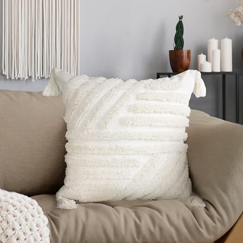 AELS Boho Decorative Textured Throw Pillow Covers with Tassels 18x18, Modern Abstract Mid Century Rainbow Tufted Pillow Case, Farmhouse Rustic Neutral Woven Cushion Case for Bed Couch Sofa, White