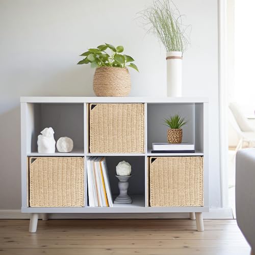 AELS 13" Handwoven Natural Fibre Doors for Cube Storage Shelf, Set of 4, Boho Straw Shelf Cover for Bookcase & Open Bookshelf, Rustic Farmhouse Home Decor, fit IKEA Kallax Shelf, Beige (Door ONLY)