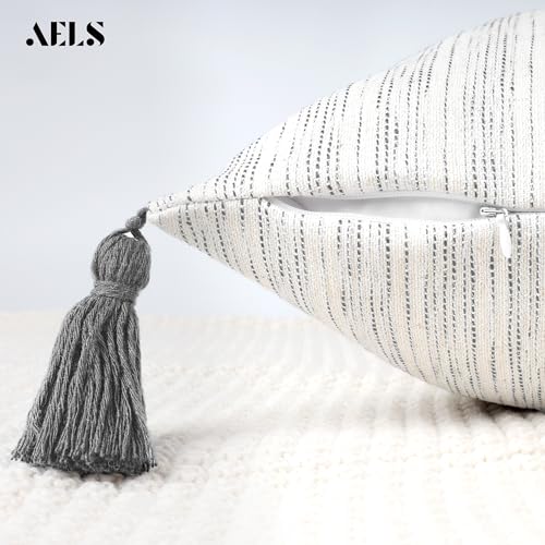 AELS 18x18 Decorative Farmhouse Linen Throw Pillow Covers with Tassels, Boho Textured Pillow Case, Set of 2, Beige with Ombre Blue Stitch Yarn Dyed Stripe Cushion Cover (Cover ONLY)