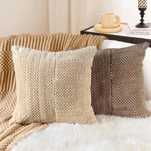 AELS 20x20 Decorative Boho Farmhouse Striped Throw Pillow Covers, Soft Faux Fur Pillow Case, Set of 2, Textured Patchwork Cushion Cover for Sofa Couch Living Room, Apricot & Brown (Cover ONLY)