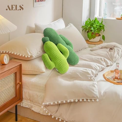 AELS Set of 2 Cactus Decorative Throw Pillows, 22"&14" Corduroy Striped Cactus Plush Pillow Set, Office Nap Pillow, Cute Succulent Throw Pillow for Nursery Bedroom Room Decor, Blue Green & Grass Green