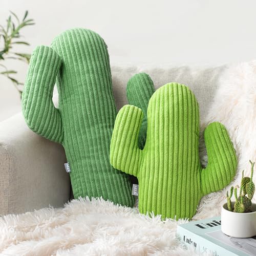 AELS Set of 2 Cactus Decorative Throw Pillows, 22"&14" Corduroy Striped Cactus Plush Pillow Set, Office Nap Pillow, Cute Succulent Throw Pillow for Nursery Bedroom Room Decor, Blue Green & Grass Green