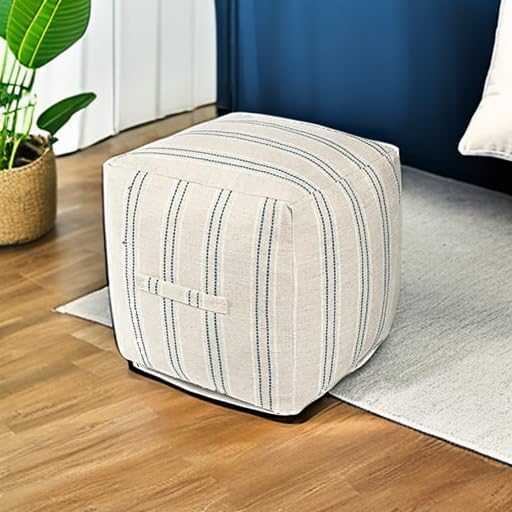 AELS Unstuffed Farmhouse Pouf Cover for Living Room, Storage Bean Bag Cubes, Off Beige & Light Brown Stripes Linen Square Ottoman Pouf Foot Rest Footstool, 18"x18"x18", Cover ONLY