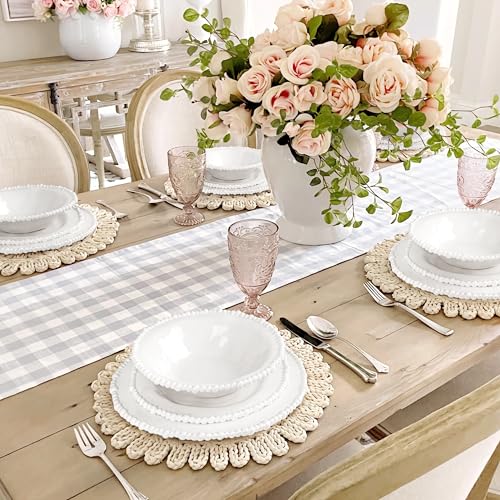 AELS Beaded Melamine Dinnerware Set of 12 Pcs Dinner Dishes Set for Indoor and Outdoor Use, Dishwasher Safe, Lightweight Unbreakable, BPA Free, Glossy Cream