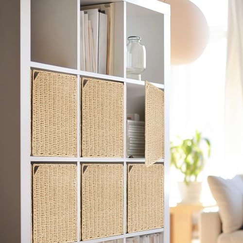 AELS 13" Handwoven Natural Fibre Doors for Cube Storage Shelf, Set of 4, Boho Straw Shelf Cover for Bookcase & Open Bookshelf, Rustic Farmhouse Home Decor, fit IKEA Kallax Shelf, Beige (Door ONLY)