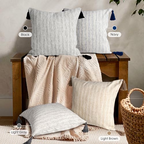 AELS 18x18 Decorative Farmhouse Linen Throw Pillow Covers with Tassels, Boho Textured Pillow Case, Set of 2, Beige with Ombre Blue Stitch Yarn Dyed Stripe Cushion Cover (Cover ONLY)