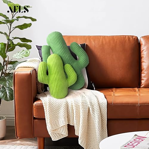 AELS Set of 2 Cactus Decorative Throw Pillows, 22"&14" Corduroy Striped Cactus Plush Pillow Set, Office Nap Pillow, Cute Succulent Throw Pillow for Nursery Bedroom Room Decor, Blue Green & Grass Green