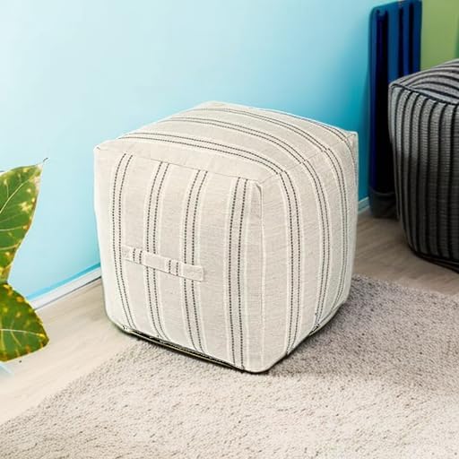 AELS Unstuffed Farmhouse Pouf Cover for Living Room, Storage Bean Bag Cubes, Off Beige & Light Brown Stripes Linen Square Ottoman Pouf Foot Rest Footstool, 18"x18"x18", Cover ONLY