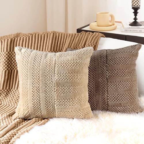 AELS 20x20 Decorative Boho Farmhouse Striped Throw Pillow Covers, Soft Faux Fur Pillow Case, Set of 2, Textured Patchwork Cushion Cover for Sofa Couch Living Room, Apricot & Brown (Cover ONLY)