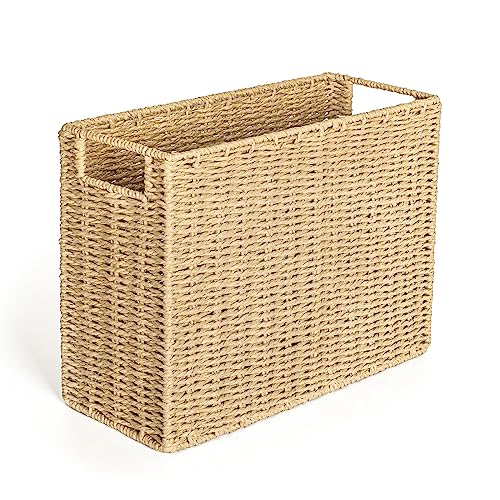 AELS Woven Natural Fibre Magazine Holder, Scalloped Edge Magazine Rack Floor, Hand-woven Magazine Organizer, Magazine Basket, Boho Modern Farmhouse Book Basket, File Newspaper Mail Holder for Office