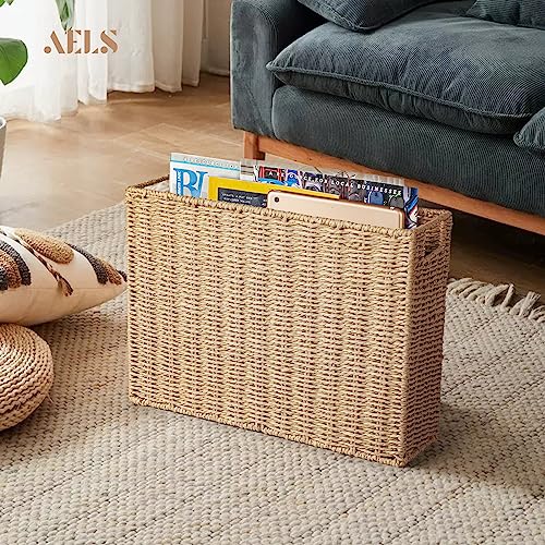 AELS Woven Natural Fibre Magazine Holder, Scalloped Edge Magazine Rack Floor, Hand-woven Magazine Organizer, Magazine Basket, Boho Modern Farmhouse Book Basket, File Newspaper Mail Holder for Office