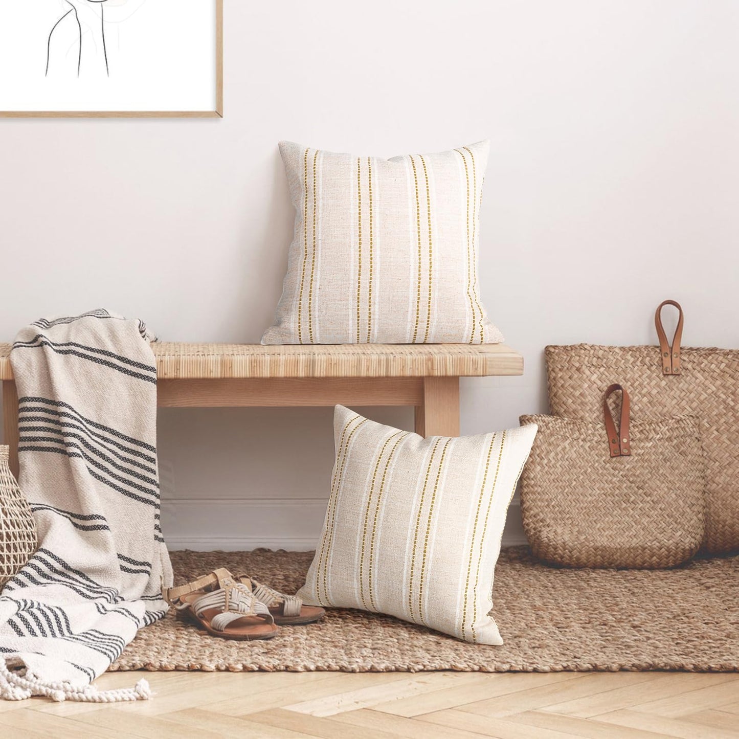 AELS 14x36 Decorative Lumbar Throw Pillow Covers, Farmhouse Linen Textured Long Pillow Case, Beige with White & Navy Blue Stitch Boho Cushion Cover for Couch Living Room (Cover ONLY)