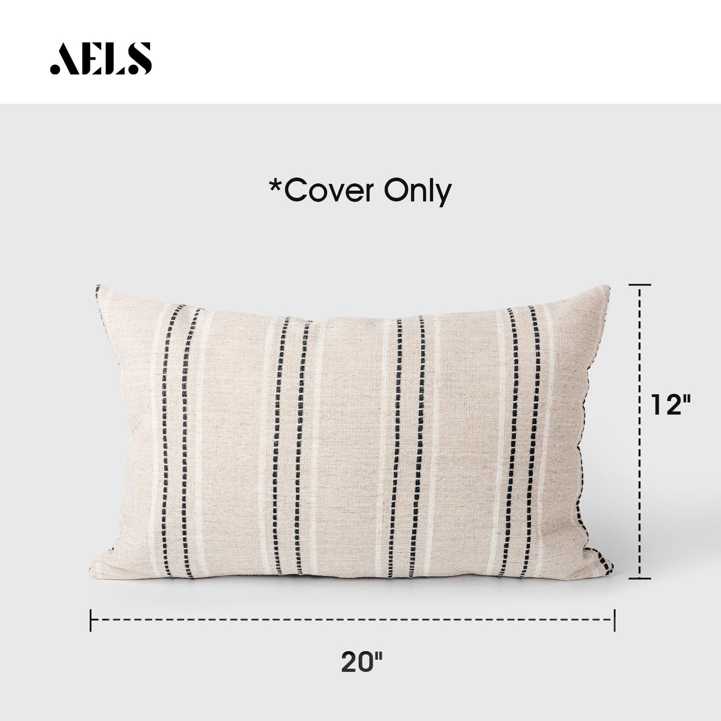 AELS 14x36 Decorative Lumbar Throw Pillow Covers, Farmhouse Linen Textured Long Pillow Case, Beige with White & Navy Blue Stitch Boho Cushion Cover for Couch Living Room (Cover ONLY)