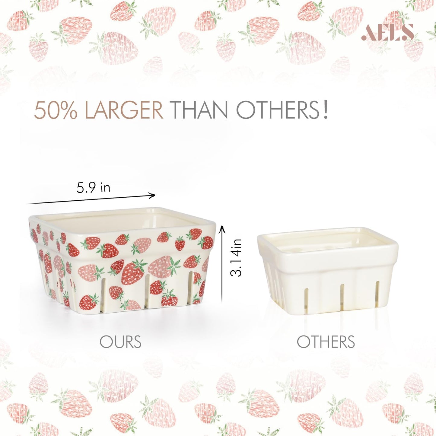 AELS Ceramic Berry Basket, 5.9" Container for Fruit & Vegetables, Farmhouse Fruit Bowl, Strawberry Decor, Farmers Market, Stoneware Harvest Bowls for Kitchen, Cream White and Matcha Latte Green